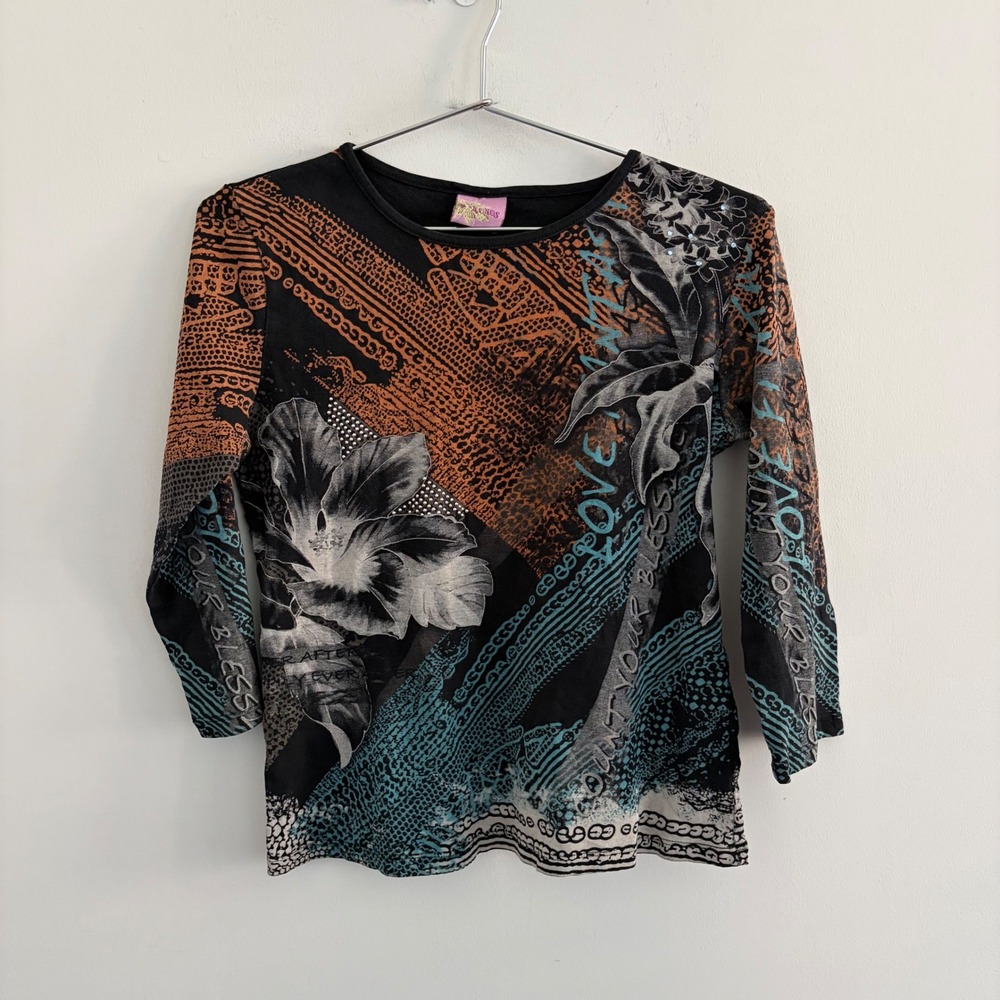 Mykonos Vintage Y2K Graphic Print 3/4 Sleeve Top Large Black Orange Blue